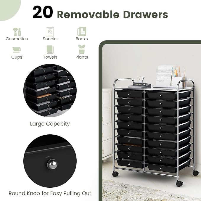 COSTWAY 20-Drawer Rolling Storage Cart, Utility Storage Organizer Cart | For Tools, Scrapbook, Paper, Craft, Multipurpose Storage Trolley on Wheels for Home Office School (Black)