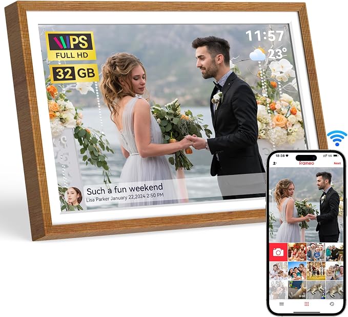 Frameo 10.1" Digital Picture Frame with 32GB Memory WiFi Electronic Photo Frame Wood HD Touch Screen Auto-Rotate Slideshow Wall Mountable Share Photos/Video Remotely Anywhere(Warm Wood)