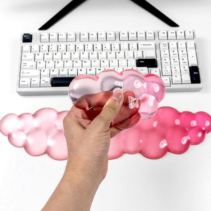 Ergonomic Cloud Silicone Gel Keyboard and Mouse Wrist Rest Set – Clear Wrist Rest for Computer Keyboard 60%/68%/75%, Comfort & Support for Typing and Gaming (White Pink)