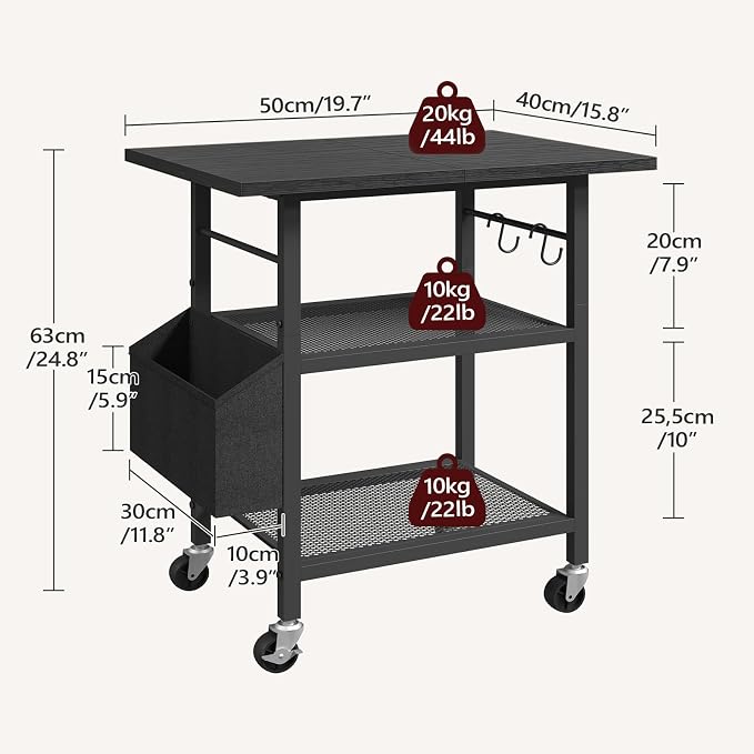 MAHANCRIS 3-Tier Printer Stand, Rolling Printer Table on Wheels, Industrial Storage Stand with Side Pocket, Wooden Tabletop, 2 S-Shaped Hooks, for Home Office, Black PTBK2501