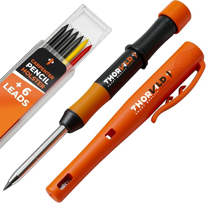THORVALD New Carpenter Pencils with Holster for Construction - Incl. 7 Leads + Sharpener - Solid Mechanical Pencils with Fine Point/Best Marking tools Construction/Carpenters/Scriber