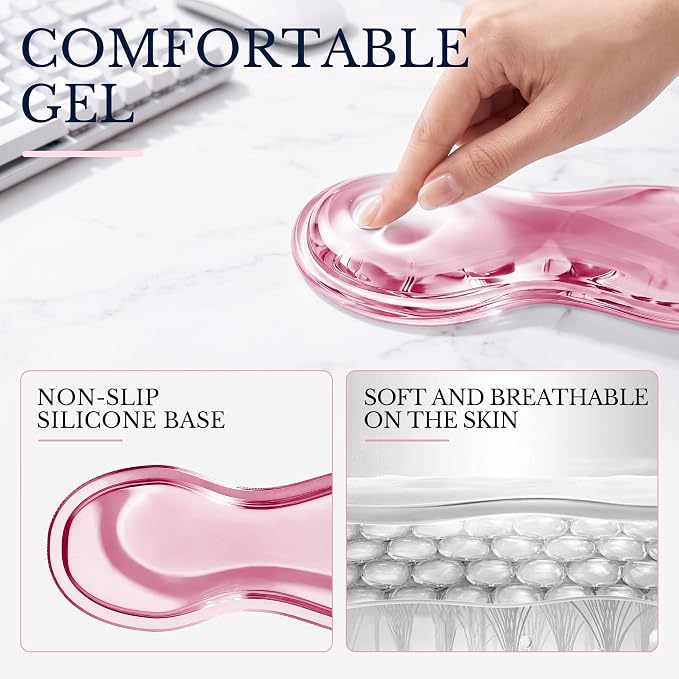 Keyboard Wrist Rest & Ergonomic Mouse Pad with Wrist Rest Set, Cute Transparent Gel Wrist Rest for Keyboard and Mouse, Soft Support for Pain Relief, Office, Gaming Desk Accessories（Pink）