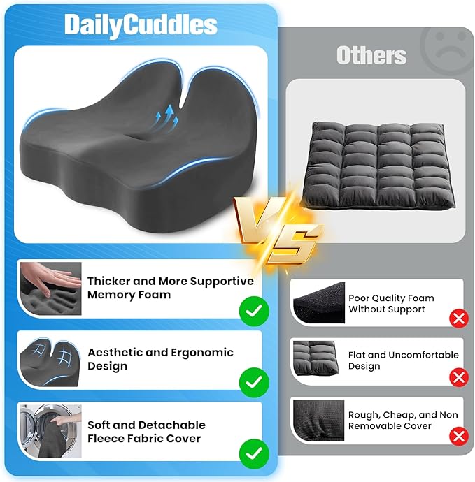 Seat Cushion, Chair Cushions for Office Chairs/Desk Seats/Wheelchair - Hip&Sciatica&Tailbone Pain Relief Memory Foam Office Chair Cushion for Long Sitting Office Workers, Grey