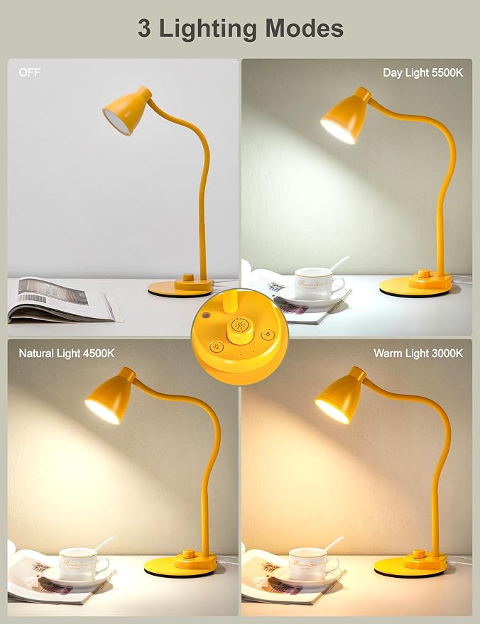 BOHON LED Desk Lamp with USB Charging Port 3 Color Modes Fully Dim, Yellow | Reading Lamp, Auto Dimming Task Lamp, Flexible Neck Table Light for Home Office Dorm Bedside, Bright Yellow
