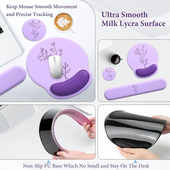 3 in 1 Ergonomic Mouse Pad and Keyboard Wrist Rest with Coaster Set-Purple | Cute Large Mousepad with Gel Wrist Support for Gaming Computer Laptop Women Office Home Desk Decor