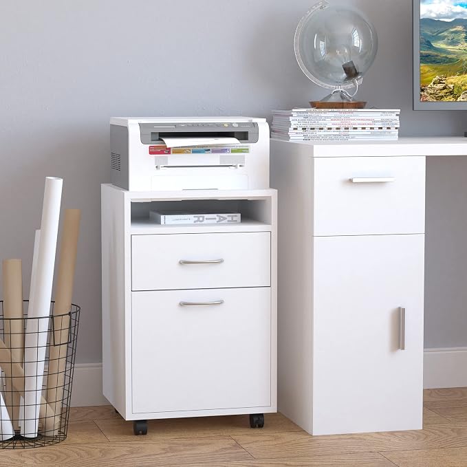 HOMCOM Mobile Storage Cabinet Organizer, Bathroom Drawer Cabinet, White | Printer Stand, Castors