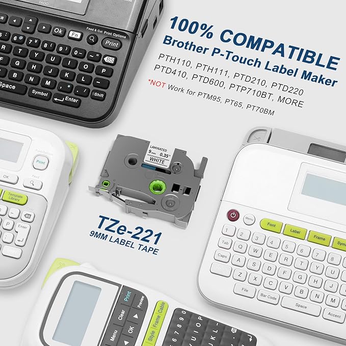 6-Pack TZe-221 Compatible with Brother P Touch TZe221 9mm 0.35" Laminated White TZ Label Tape Black on White 3/8 Inch Label Maker Refill for PT D210 D220 H110 D400