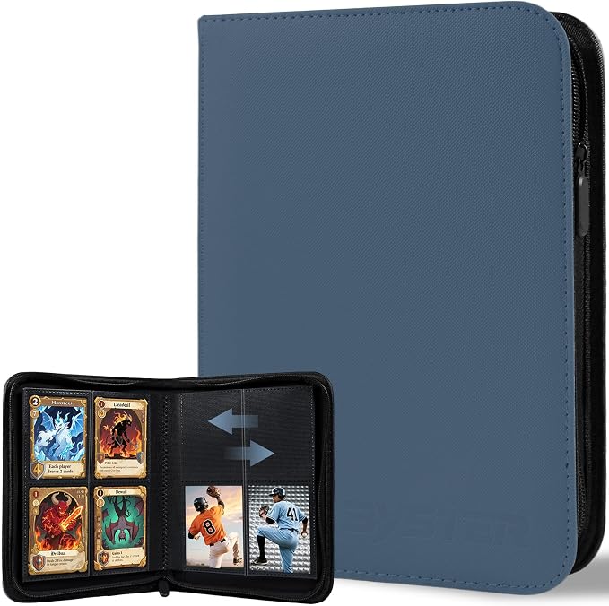 BYSTER 4 Pocket Card Binder, Premium PU Trading Card Binder with Zipper, 160 Capacity Side-Loading Binder for TCG, MTG, Sports Cards, Game Cards, Navy Blue
