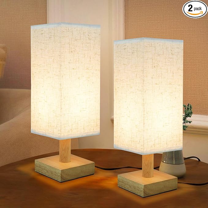 Small Bedside Table Lamps Set of 2, Minimalist Nightstand Lamp Set of 2 with Square Fabric Linen Shade, Mini Reading Night Stand Desk Lamp Set for Bedroom, Living Room, Office 4.3in