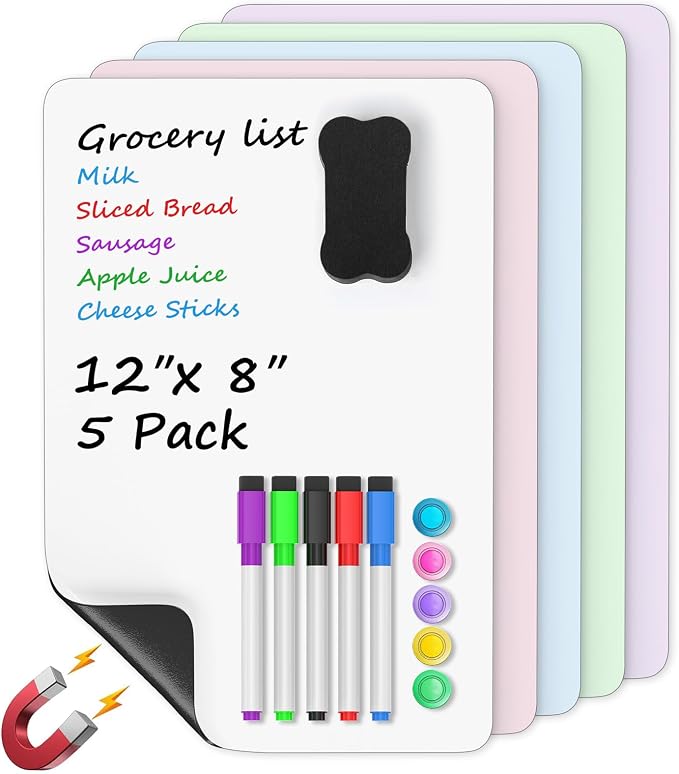 MaxGear Magnetic Whiteboard for Fridge 12x8 Multicolor 5 Pack | Strong Magnet, Dry Erase, Reusable, Easy Clean, Stain Resistant, Meal Planner, Grocery List, Family Notes, Kitchen Organizer