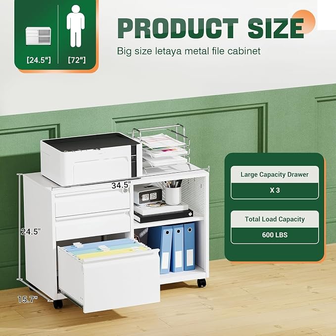 Mobile 3 Drawer File Cabinet with Lock-Metal Lateral Rolling Printer Stand Filing Cabinets for Home Office-Storage A4/F4/Letter (White)