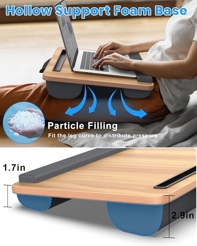HETTHI Portable Lap Desk, Laptop Stand for Bed with Soft Wrist Rest, Tablet/Phone Slot, Fabric Handle, Laptop Bed Desk with Cushion (Light Brown)