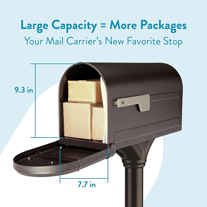 Architectural Mailboxes Roxbury Mailbox with Post, Rubbed Bronze, Large | Includes the matching post and all hardware. Galvanized steel build and rust-resistant powder-coat finish. USPS approved.