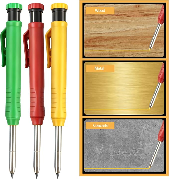 12 Pcs Solid Carpenter Pencils with Built in Sharpener Long Nosed Deep Hole Mechanical Pencil Marker Construction with 72 Pcs 2.8mm Refills for Drafting Architect Tool Woodworking