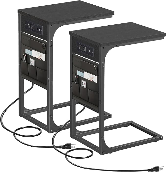 TUTOTAK C Shaped End Table with Charging Station, Side Table for Sofa | Couch Table with Storage Bag, TV Tray with 2 USB Ports and Outlets, Set of 2, Living Room and Bedroom, Black TB01BK0242
