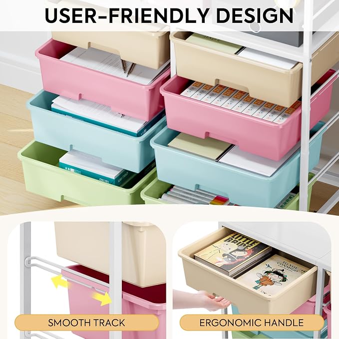 Rolling Storage Cart with 8 Large Drawers,Wooden Tabletop | Open Storage Shelves, Mobile Craft Organizer with Lockable Wheels for Home, Classroom, Office Supplies & Art Studio,Colorful
