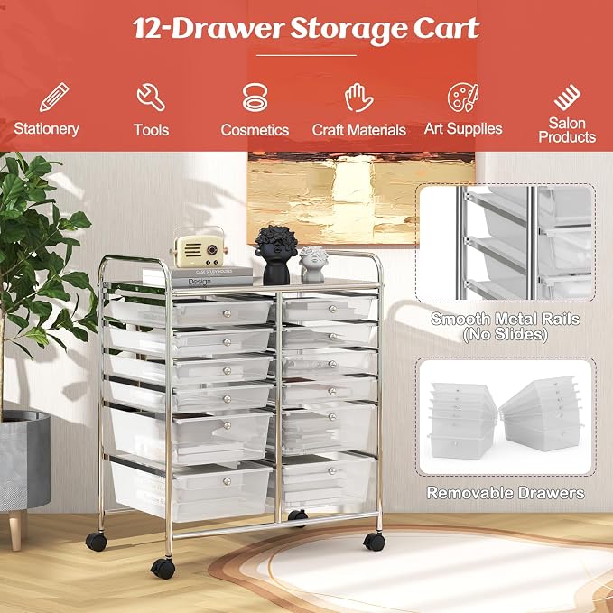 BECOMFORT 12-Drawer Rolling Cart with Drawers, Storage Cart on Wheels, Teacher Classroom Organizers with Metal Frame, Mobile Craft Cart, Trolley Utility Cart for School Office Play Room