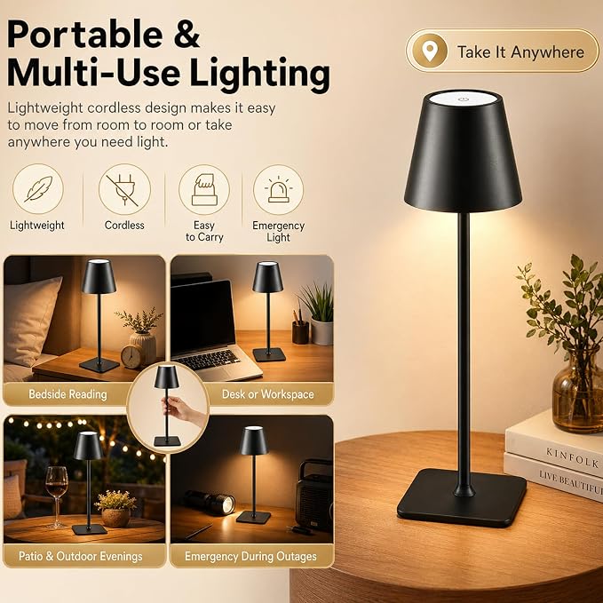 Cordless Table Lamp 2 Pack, Rechargeable LED Ambient Lamp with Up to 54H Runtime, Portable Minimalist Lighting for Bedroom, Restaurant, Bedside & Dining Table, Stepless Dimming (2, Black)
