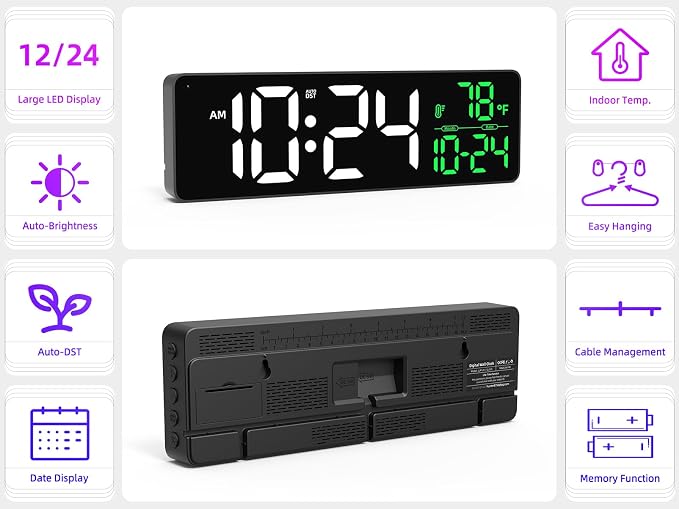 Large LED Digital Wall Clock with Date, Temperature, Auto-Brightness, Auto-DST | Big Digital Clock for Bedroom, Desk, Classroom, Living Room, Kitchen, Office, Gym, Farmhouse, Xmas Gift for Seniors