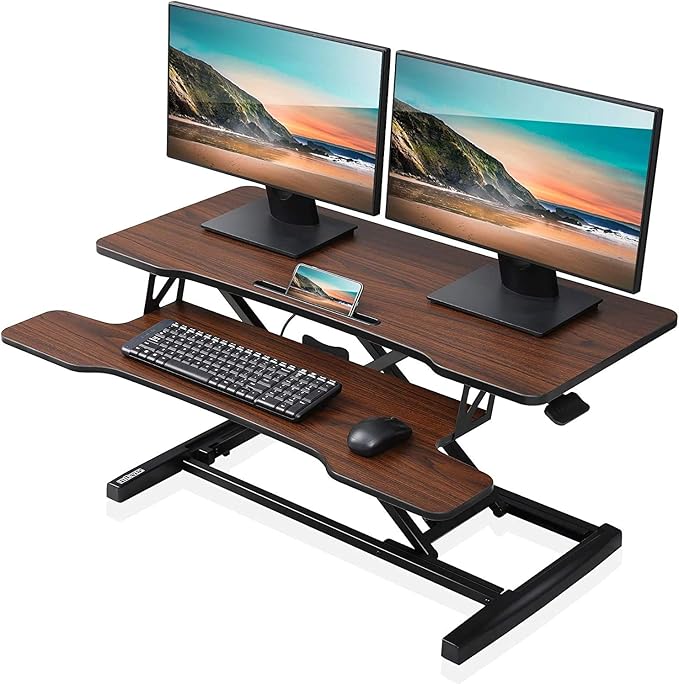 FITUEYES Height Adjustable Standing Desk 36” Wide Sit to Stand Converter Stand Up Desk Tabletop Workstation for Laptops Dual Monitor Riser Brown SD309102WE
