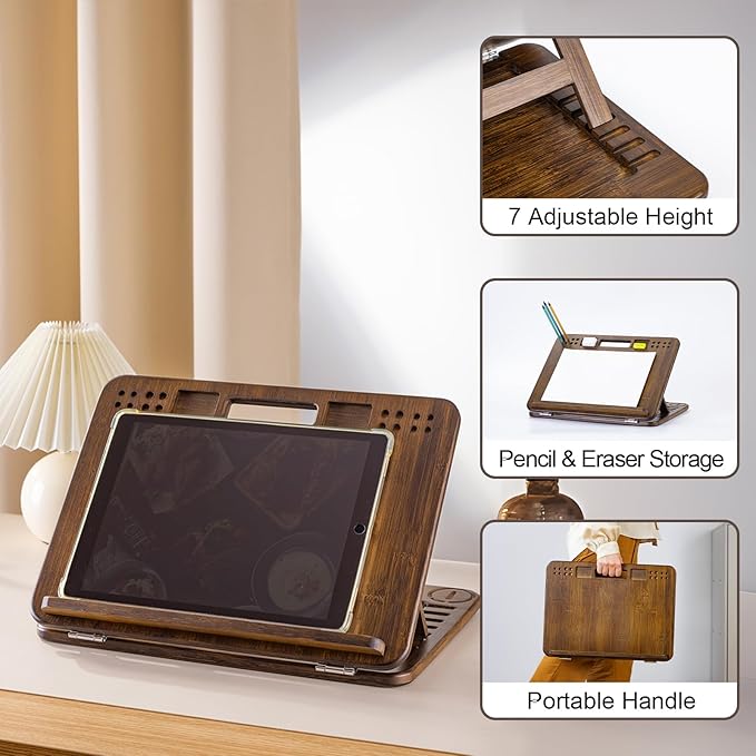 StrongTek Bamboo Tabletop Easel, 6-Angle Drawing Board for Desk and Lap | Pencil and Eraser Slots, Full-Base Lap Support, Secure Angle Positioning, Sketching, Acrylic Painting and Hands-Free Reading