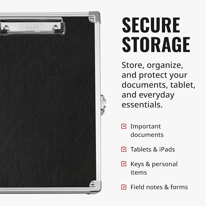Vaultz Locking Storage Clipboard for Letter Size Sheets, Key Lock, Black (VZ00151) | Secure storage compartment keeps documents protected and organized, durable clipboard design for office, school or travel use