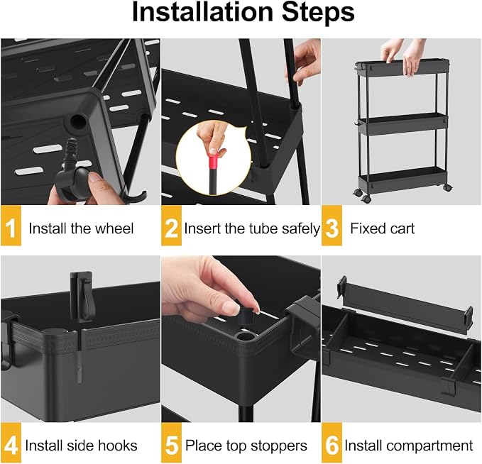 Slim Storage Cart 4 Tier,Bathroom Organizer Rolling Utility,Mobile Shelving Unit Slide Out for Office, Kitchen, Laundry Room & Narrow Places,Black