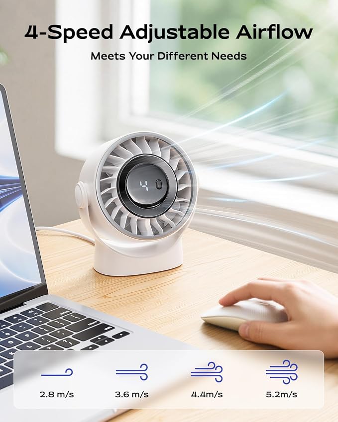 SWEETFULL USB Small Desk Fan - 5 Inch Mini Personal Desktop Fan | 4 Speeds Cooling Strong Airflow, 360° Adjustable Tilt, Quiet Portable Table Fans for Bedroom, Office, Travel & Cruise, Black