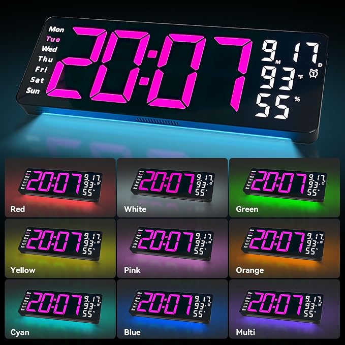 Digital Wall Clock Large Display, 17.3" Digital Clock with RGB Color Remote Control, Auto-Dimming Big Wall Clock with Night Light,Auto DST,Date Week,Temp for Home Decoration, for Elderly (Rose red)