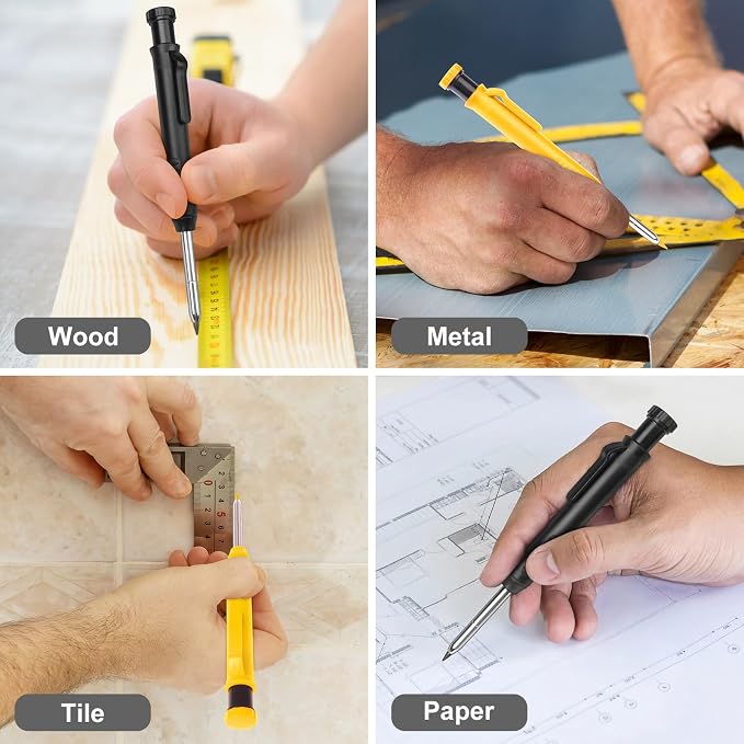 MECHEER 2 Pack Carpenter Pencils Construction Pencil with 12 Refills, Mechanical Carpenter Pencils with Built-in Sharpener, Long Nib Deep Hole Heavy Duty Woodworking Pencil Marker (Black, Yellow)
