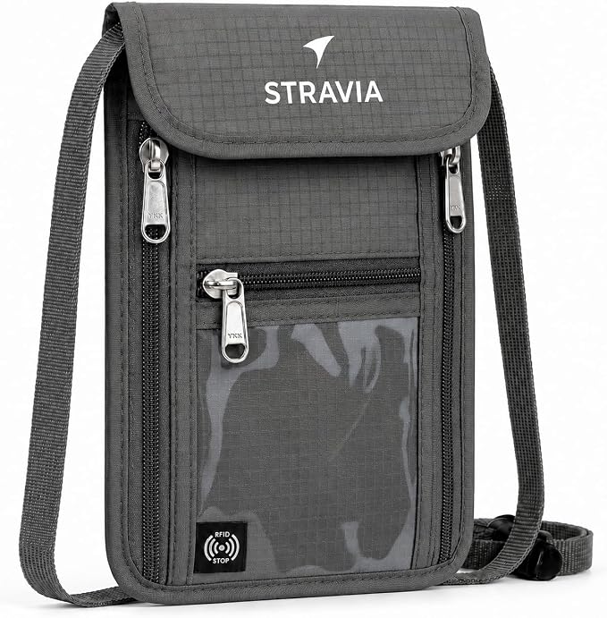 Voyager Neck Wallet RFID Blocking Passport Holder, Light 6-Compartment Hidden Travel Pouch with Adjustable Strap, Water-Resistant Wallet for Cash, Cards & ID (Gray, Pro (8" x 5.5"))