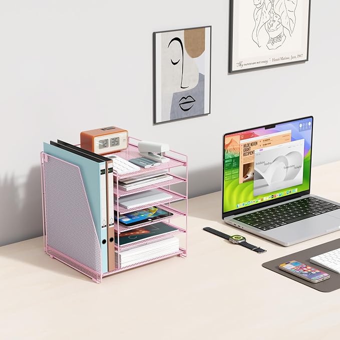 gianotter 6-Tier Paper Organizer With Magazine Holder | Desk Organizers and Accessories, File Organizer for Office Supplies Storag (Pink, 6-Tier)