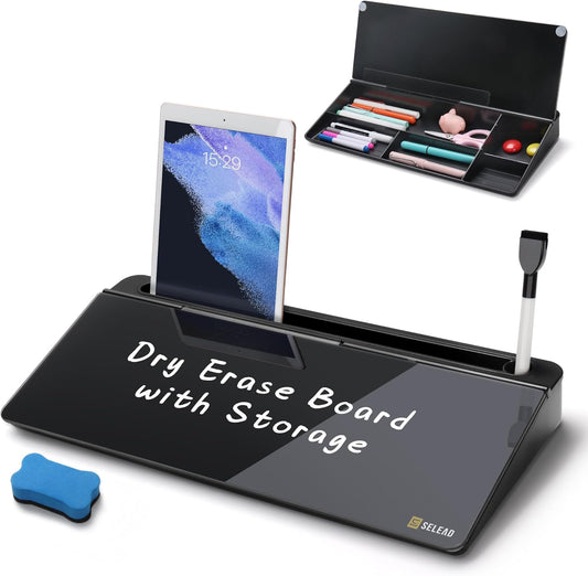 SELEAD Desktop Glass Whiteboard with Organizer, Markers, Eraser - Dry Erase Board Computer Pad Keyboard Stand with Drawer and Holder for Home, School, Office - Black