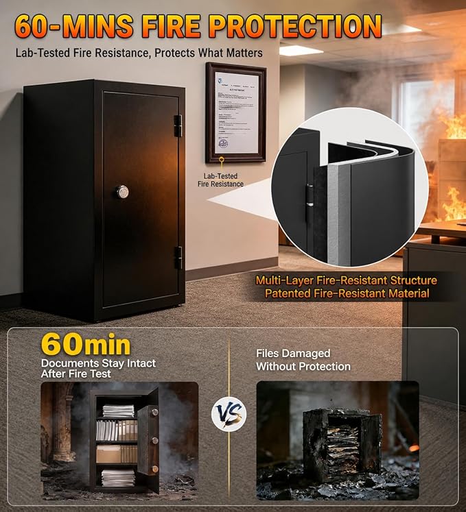 [𝟮𝟬𝟮𝟲 𝗡𝗲𝘄] 23.69'' Tall Fireproof Safe for Home, 1800°F Fire Protection for 60 Minutes, Fire and Water Proof Safe Box with Mechanical Lock, Removable Shelf for Documents, Cash and Valuable