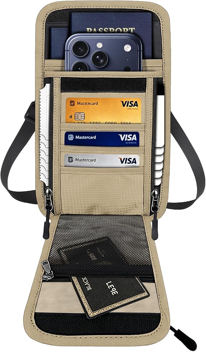Travel Neck Wallet RFID Blocking – Hidden Passport Holder & Anti-Theft Money Pouch for Men & Women, Lightweight Concealed Undergarment Organizer with Adjustable Strap, Secure Document Holder