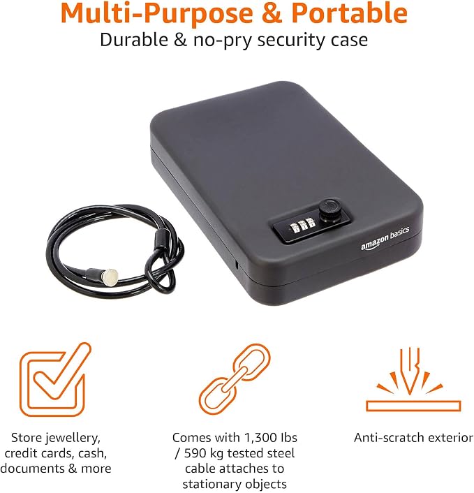 Amazon Basics Portable Security Case Lock Box Safe with Combination Lock for Documents,Valuables,Personal Items,Dorm Room,Home,Large,Black,(Pack of 4)