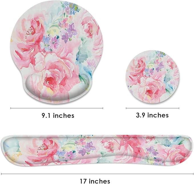 Ergonomic Mouse Pad Set with Wrist Rest, Watercolor Abstract | Flower Painting Non-Slip Rubber Base Wrist Cushion Support and Coasters Mousepad with Wrist Support for Computer Keyboard