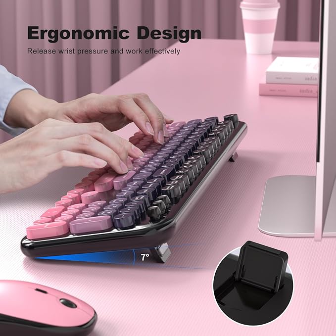 MOFII Wireless Keyboard and Mouse Combo, Full Size 2.4G Retro Round Computer Keyboard and Mouse Set, Plug and Play, for Windows, Computer, Desktop, PC, Notebook - (Lovely Plum Pink Gradient)