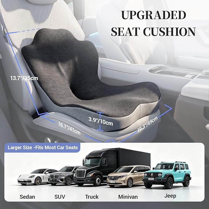 Car Seat Cushion, Truck Driver Seat Cushion L-Shaped Lumbar Support Pillow, Memory Foam Seat Cushion Ergonomic Back Support, Comfort & Support for Long Sitting, Alleviate Back Pain