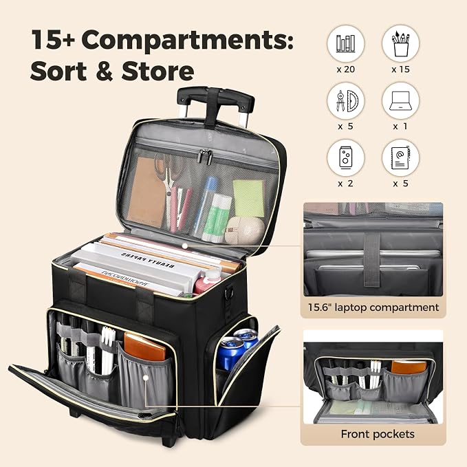 Ytonet 15.6" Teacher Rolling Bag with Insulated Lunch Bag, Bag with Wheels | Rolling Tote Bag for Work with Detachable Dolly, Large Rolling Laptop Bag for Women, Roller Craft Bag, Travel, Teacher Cart