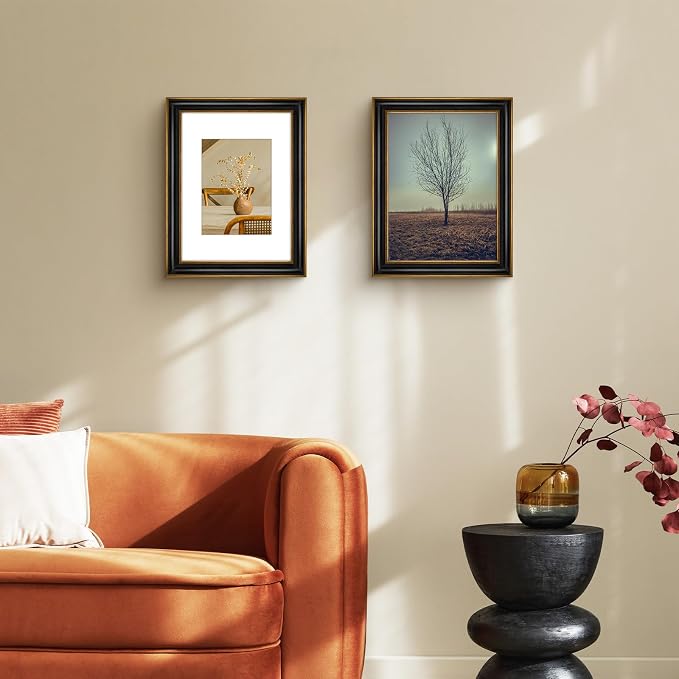 Golden State Art, 9x12 Photo Frame With Mat for Pictures 6x8 and Real Glass (Black With Antique Gold Trim - White Color Mat, 1.25 Inch Frame Border)