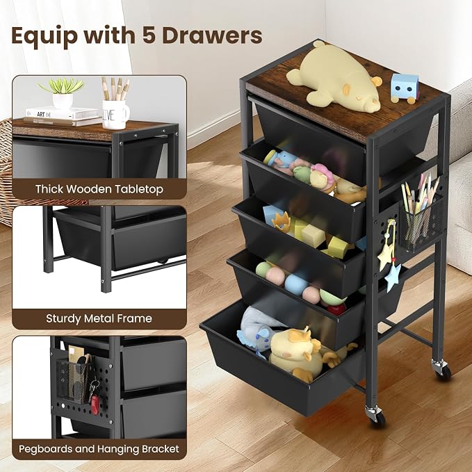 Rolling Cart with 5 Drawers, Plastic Drawer Storage Carts with Wheels & Wooden Tabletop, Metal Utility Cart with Pegboards, Office Living Room Classroom Craft Organization and Storage, Dark Black