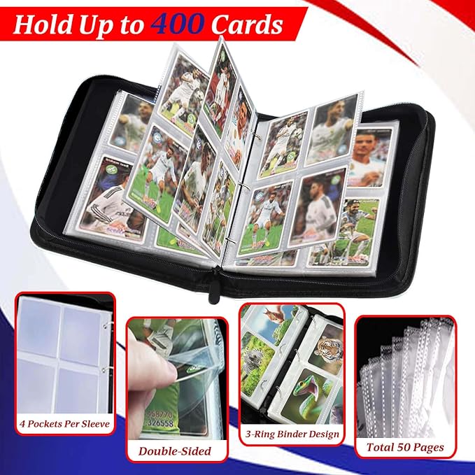 Trading Card Binder 4-Pocket, 400 Pockets Collectible Trading Card Album with 50 Removable Double-Sided Pages for MTG, TCG Game Cards and Sports Cards Storage - Black