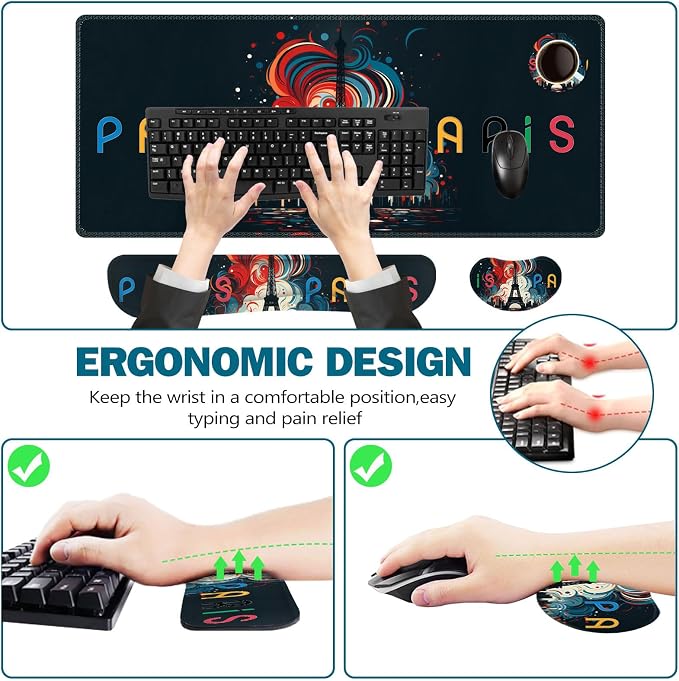 ToLuLu Extended Gaming Mouse Pad, Memory Foam Ergonomic Keyboard Mouse Wrist Rest Support Set, Large Desk Mat with Stitched Edges, Non-Slip Base Mousepad for Home Office and Game, Eiffel Tower Paris