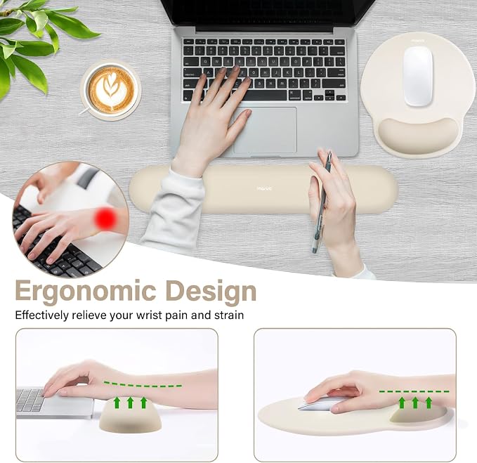 MOSISO Wrist Rest Support for Mouse Pad&Keyboard Set, Khaki | Circle Curved Ergonomic Mousepad Non-Slip Base Home/Office Pain Relief&Easy Typing Pad with Soft Cloth&Silicone Lining