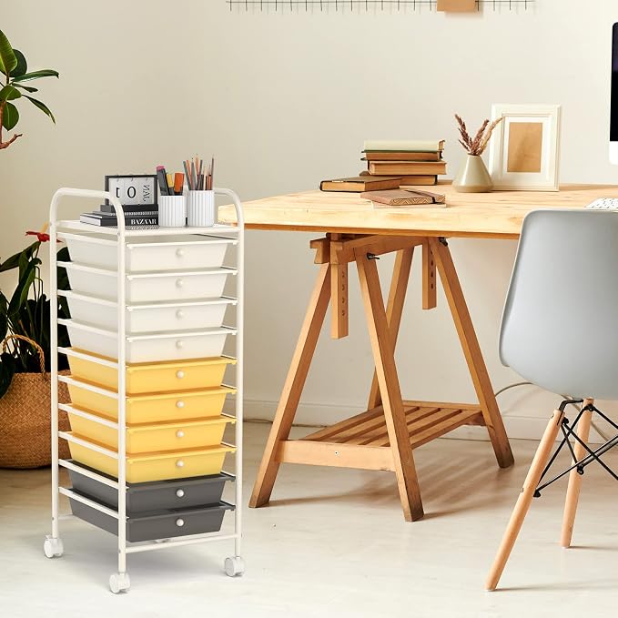 COSTWAY 10-Drawer Rolling Storage Cart, Utility Mobile Trolley | Removable Drawers & Universal Casters & 2 Brakes, Versatile Flexible Drawer Organizer Cart for Home, Office (Yellow)