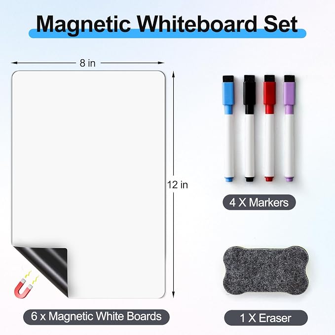 6 Pack Magnetic Dry Erase Board Sheet for Fridge, 12"x8" Erasable Refrigerator WhiteBoard w/ 4 Markers & 1 Eraser- Smooth and Flexible Small Magnet Blank Notepad for Home Kitchen Organizer and Planner