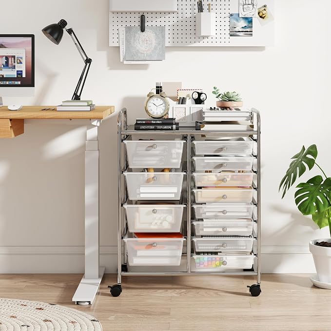 COSTWAY 12 Drawer Rolling Storage Cart, Utility Cart with Metal Frame | Mobile Art Supply Craft Organizer, Multipurpose Storage Organizer for Paper, Office, School Teacher, Classroom, Transparent
