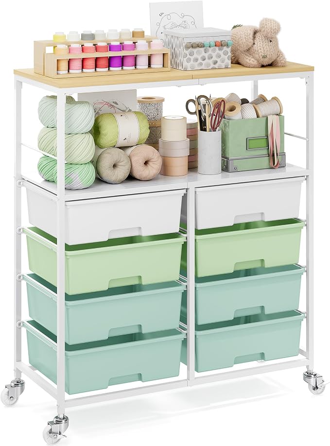 Rolling Storage Cart with 8 Large Drawers, Wooden Tabletop | Open Storage Shelves, Mobile Craft Organizer with Lockable Wheels for Home, Classroom, Office Supplies & Art Studio,Green