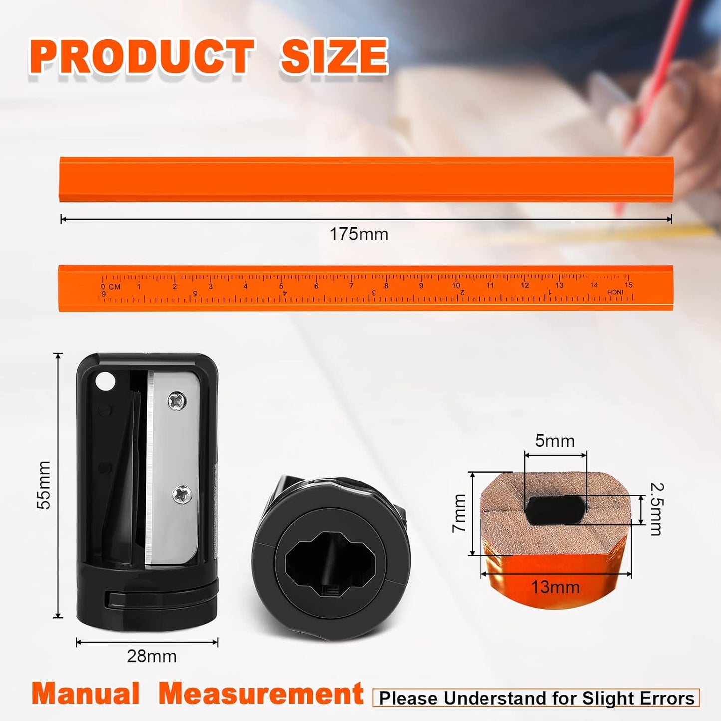 Honoson 200 Pcs Flat Construction Pencils with Printed Ruler Wood Graphite 2 Pcs Carpenter Pencil Sharpener for Woodworking Marking Tool(Orange)